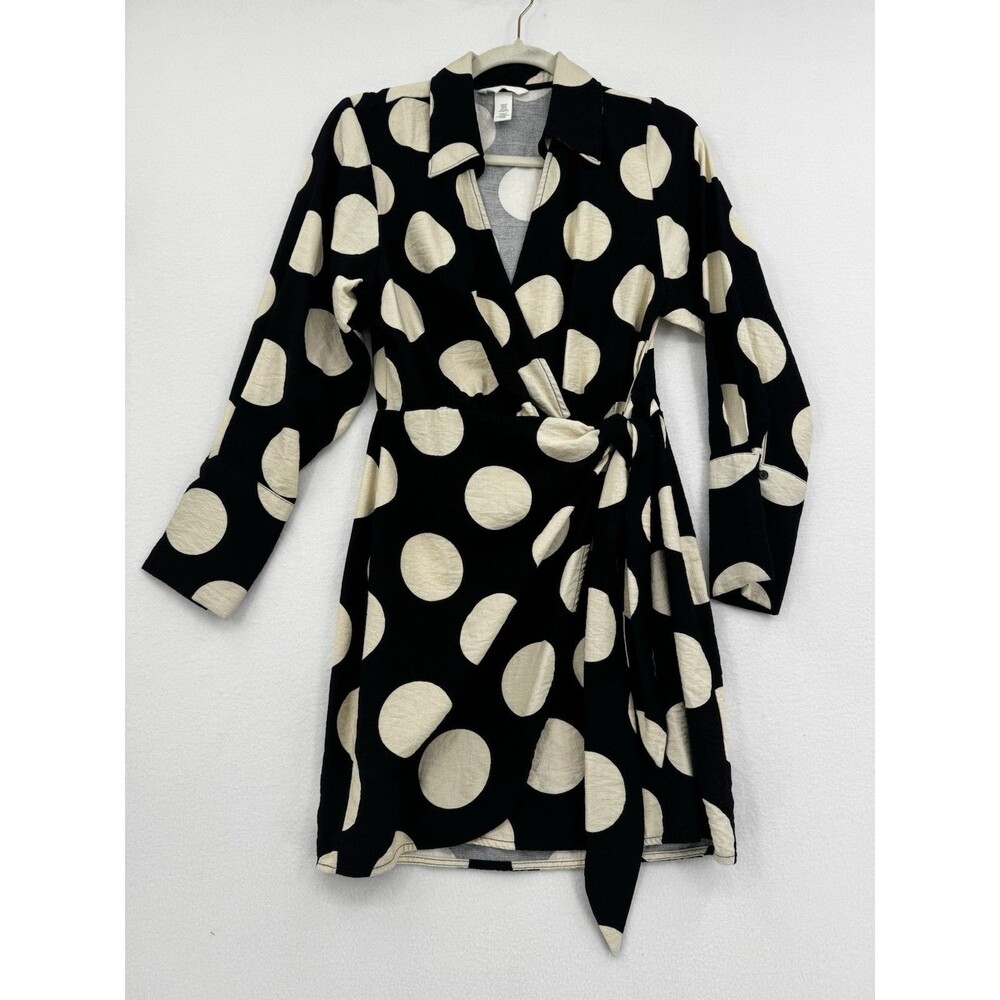 H&M Black Cream Polka Dot Wrap Dress XS Long Sleeve Tie Waist Retro Career Chic